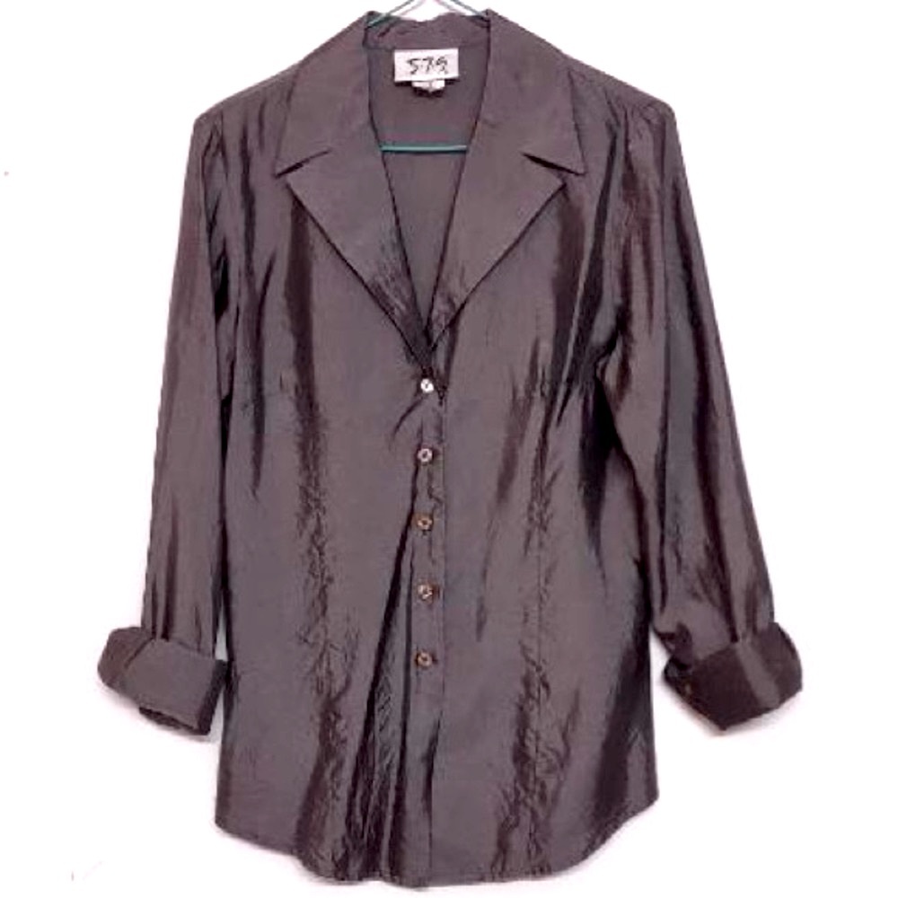 🌞 5-7-9 Vintage 80s metallic shiny gray long sleeve button up blouse women S
